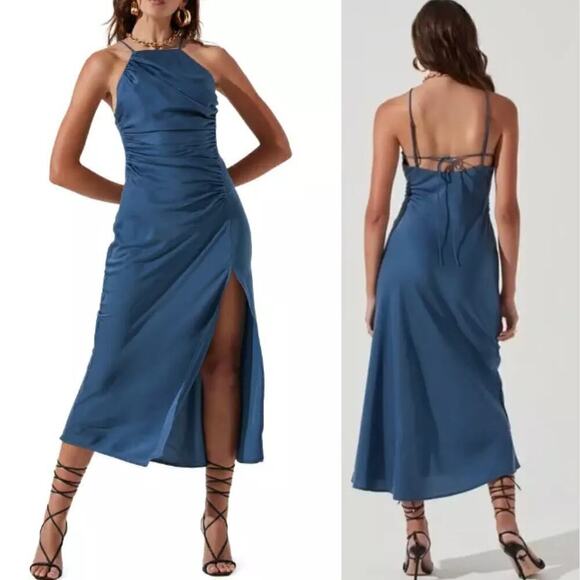 Astr Dresses & Skirts - ASTR the LABEL Halter Neck Satin Ruched Waist Maxi Dress Steel Blue SMALL NWT